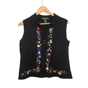 🎄 Vintage Zip Up Collared Embellished Holiday Black Vest Colorful buttons